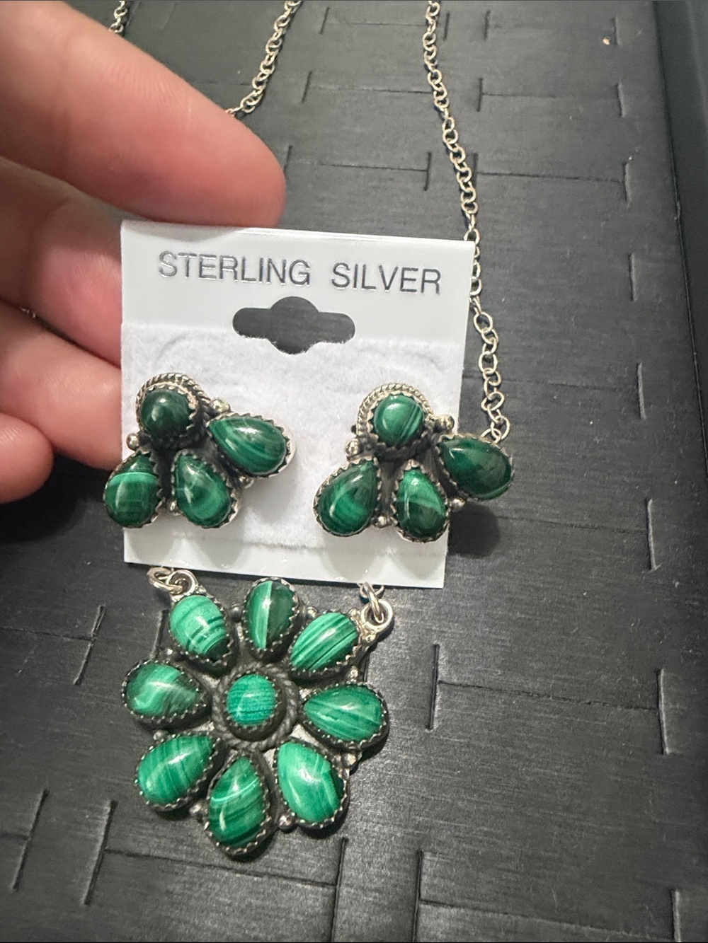 Sterling Silver Green Malachite Floral Necklace & Earrings Set